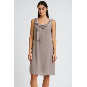 Caractere 100% Silk Sleeveless Dress with Drape Neck and Tie Detail Taupe Sz 8